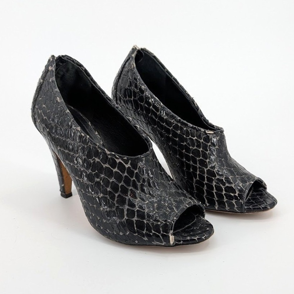 Loeffler Randall Snakeskin Peep Toe Booties Black Grey Leather Heels Size 7.5 B